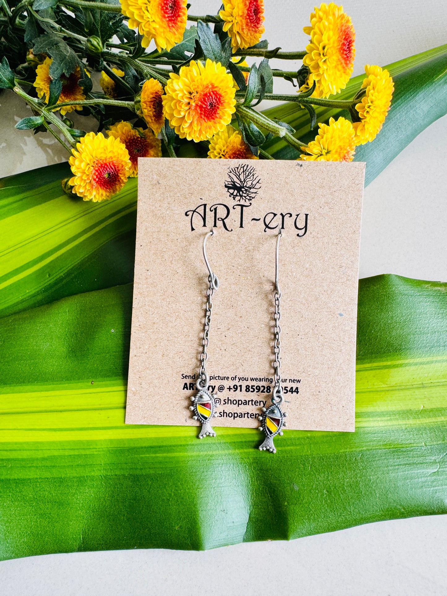Fish dangler oxidised silver earring - Yellow
