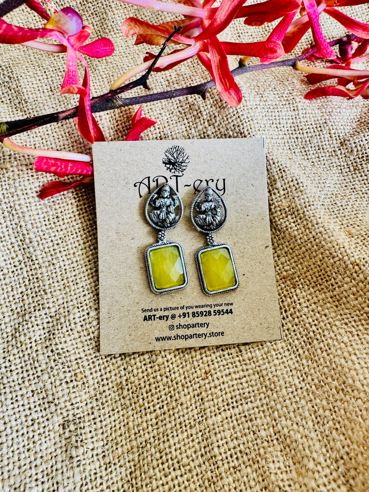 Oxidised Silver Goddess Lakshmi Earrings with Stone Drop - Yellow