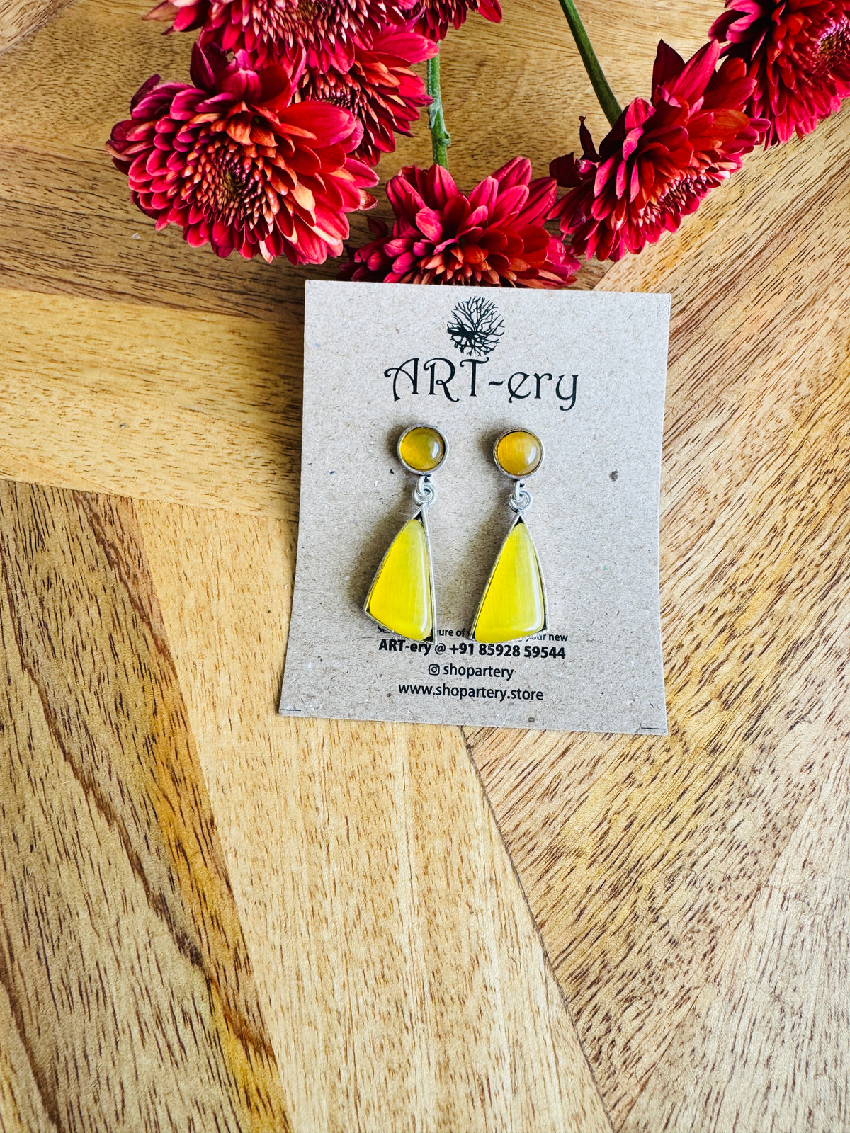 Geometric Stone Danglers in Oxidised Silver - yellow