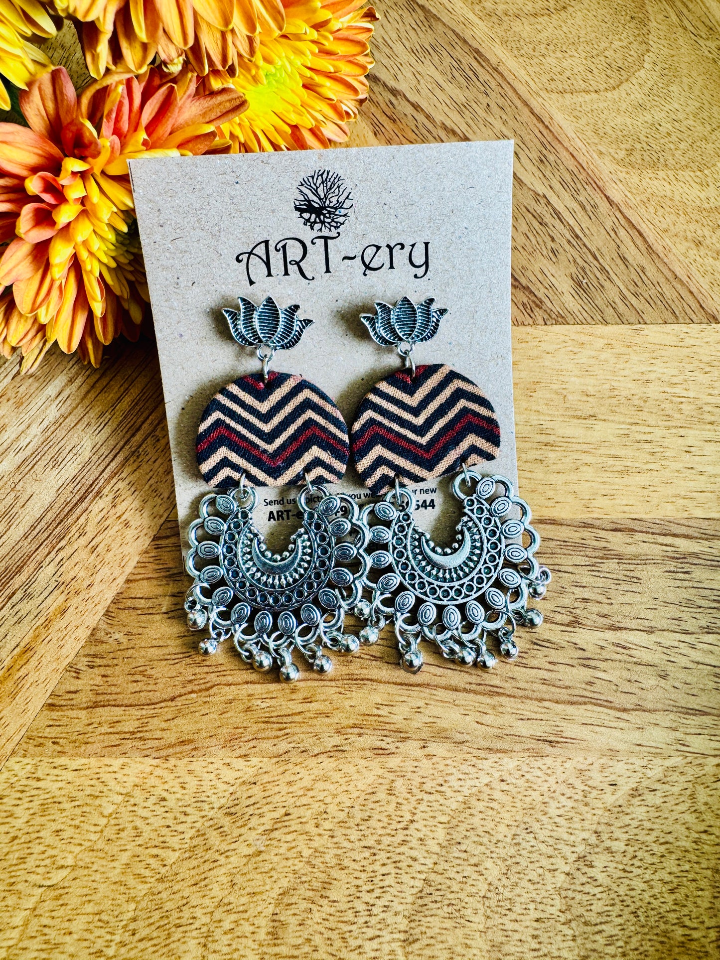 Zig zag print oxidised silver fabric earrings