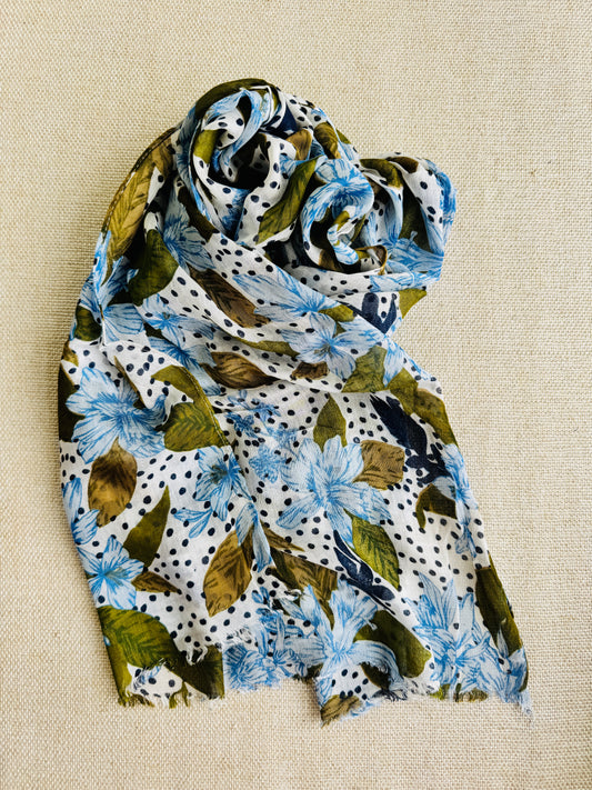 Bright poly cotton scarf - Lightweight long stole - Bright printed skyblue scarf