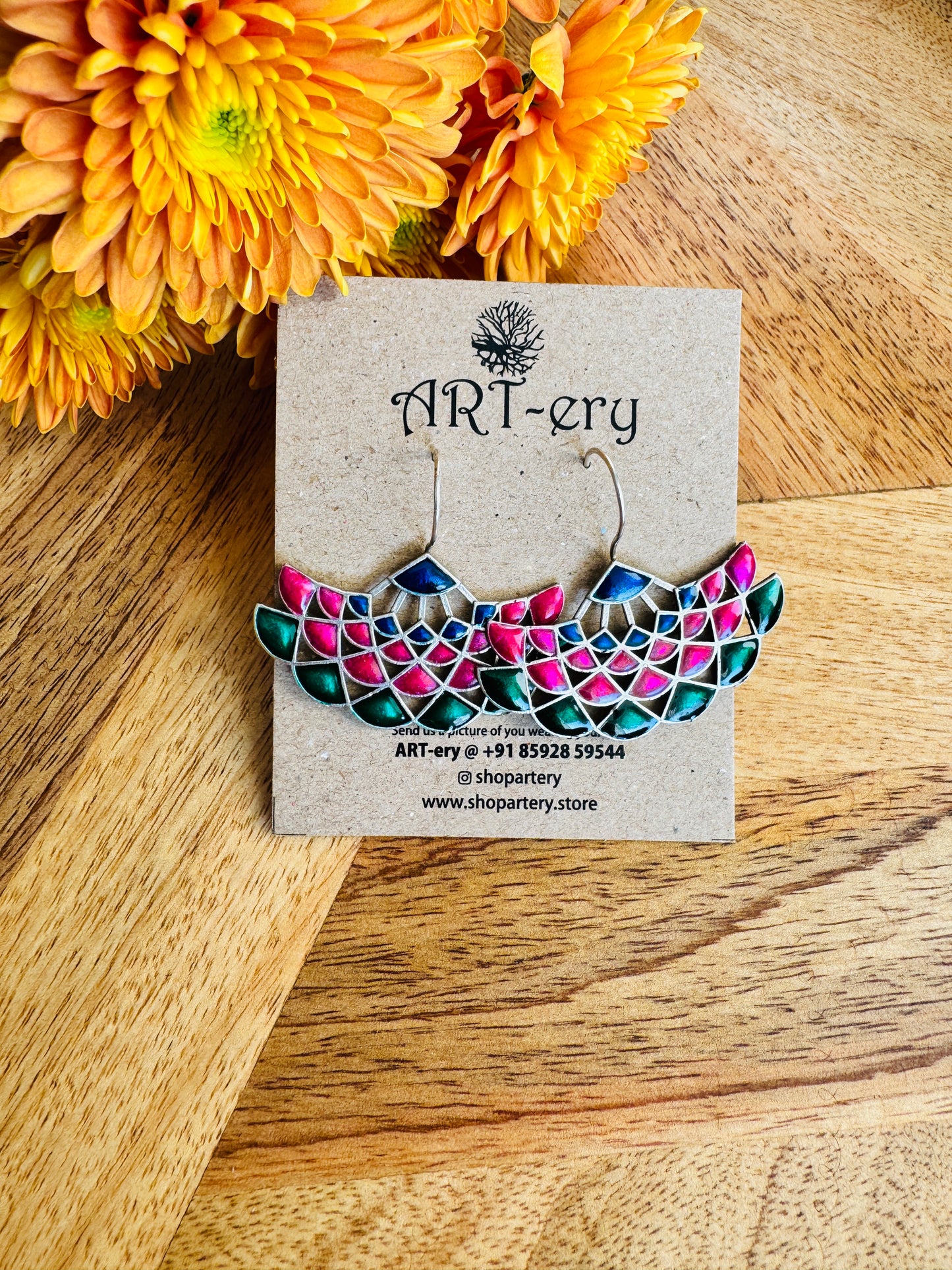 Enamel oxidised silver earring - Pink and Green