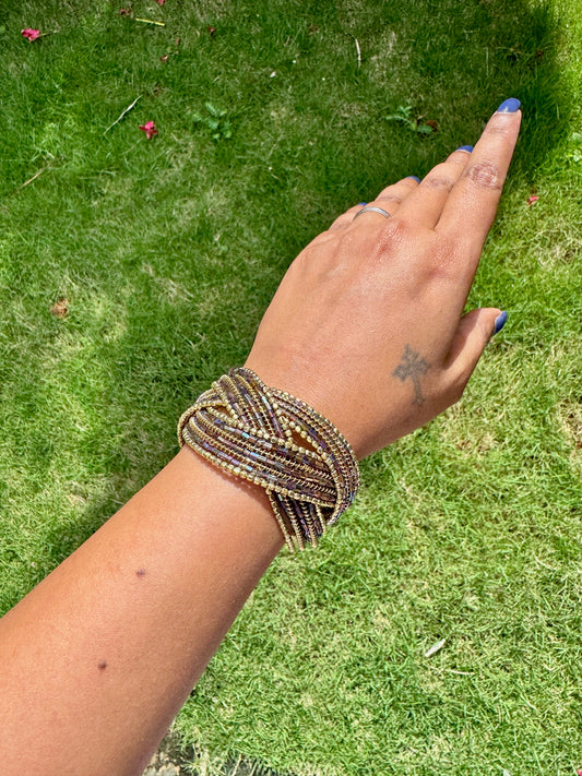 Beaded Brown and gold free size arm cuff