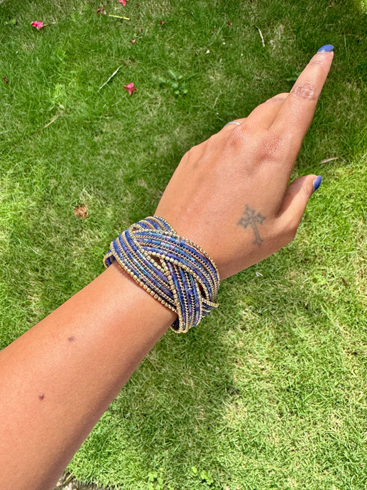Beaded blue and gold free size arm cuff