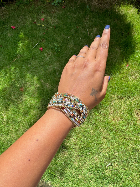 Beaded multi and gold free size arm cuff