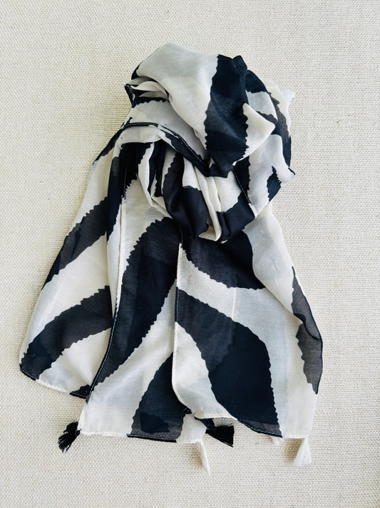 Bright poly cotton scarf - Lightweight long stole - Black and White stripe scarf