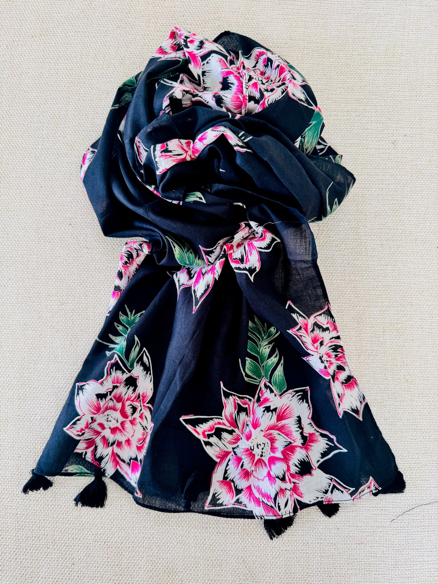 Lightweight Printed Poly-Cotton Scarf for Women Pastel scarf  - Tassels