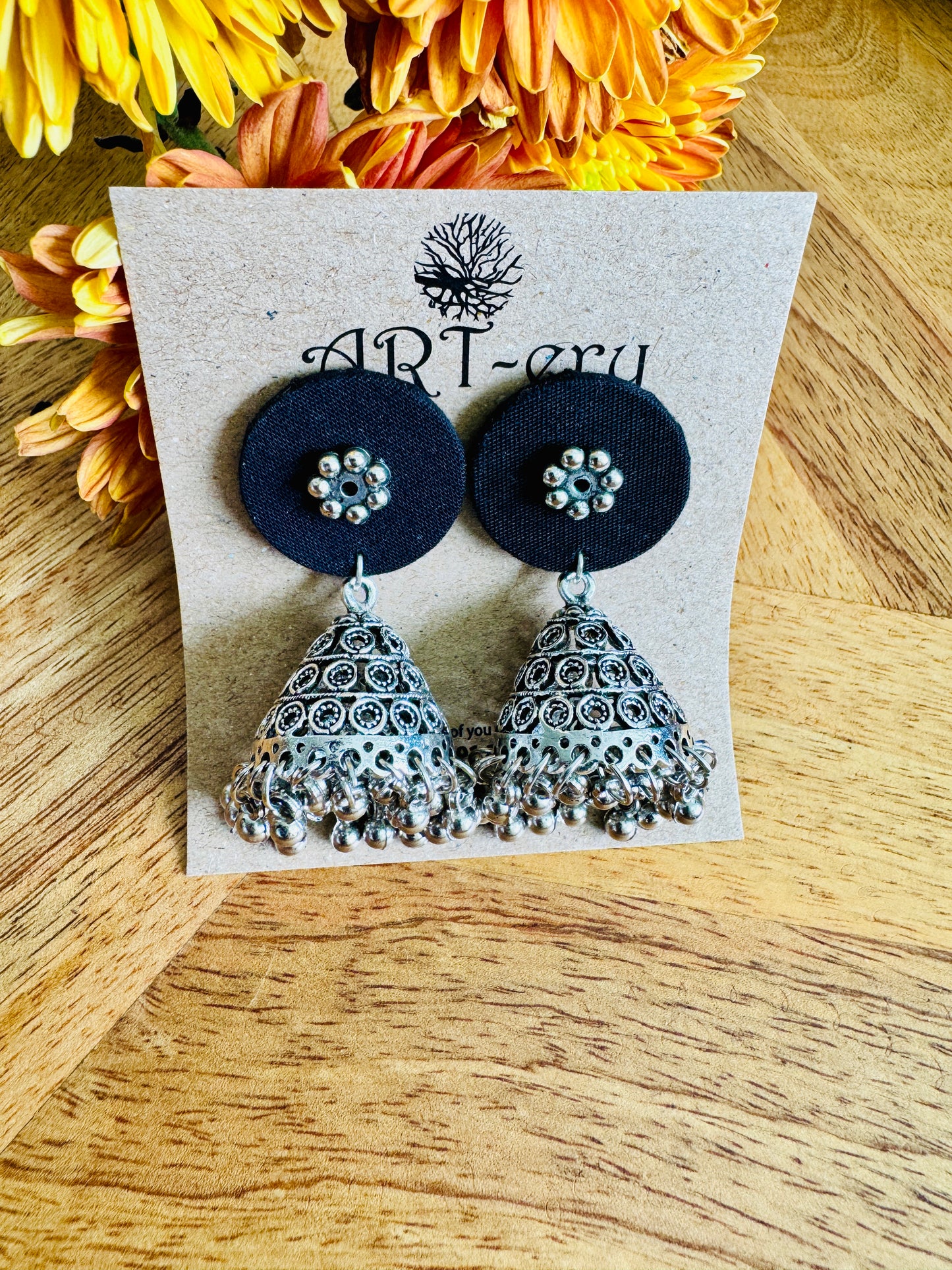 Round oxidised silver fabric earrings