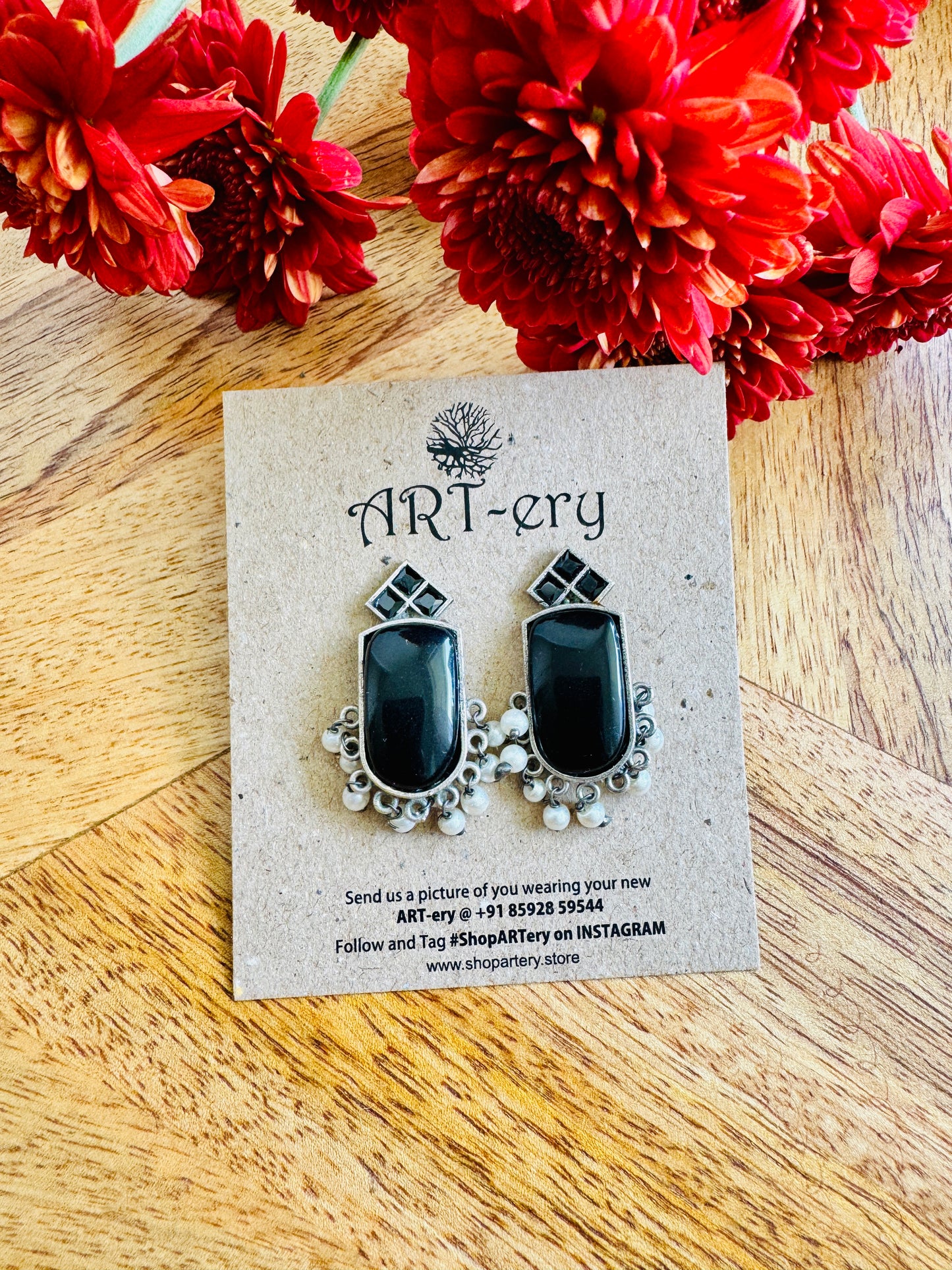 Oxidised Silver Black Stone Pearl Cluster Dangler Earrings