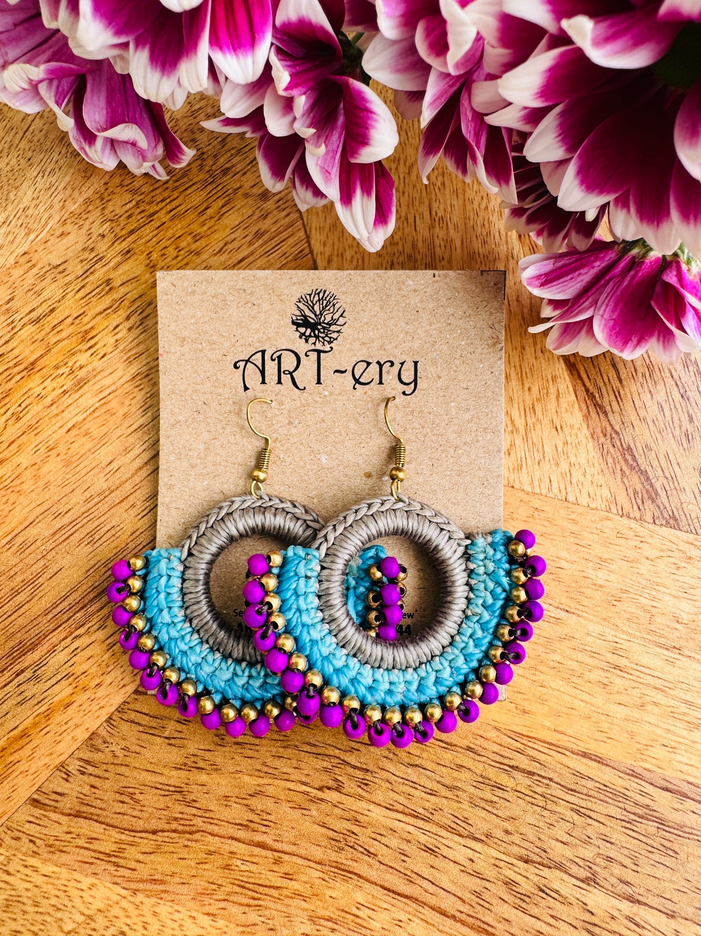 Colorful Beaded Thread Dangler Earrings – Handmade by Far East Artisans | ART-ery Jewellery - Magenta and grey  beaded earring