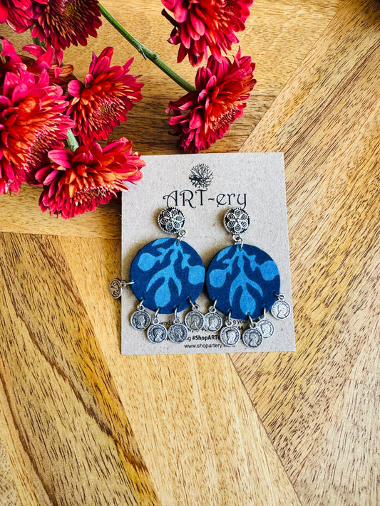 Fabric earrings - Blue round printed