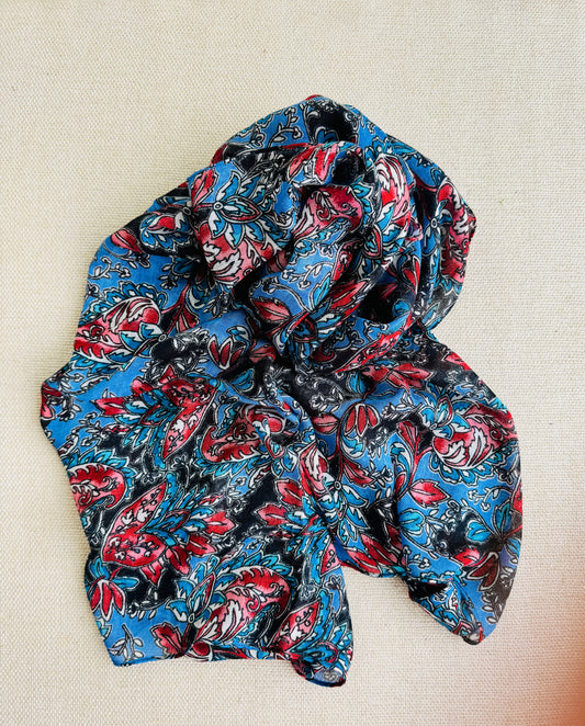 Bright poly cotton scarf - Lightweight long stole - Bright blue