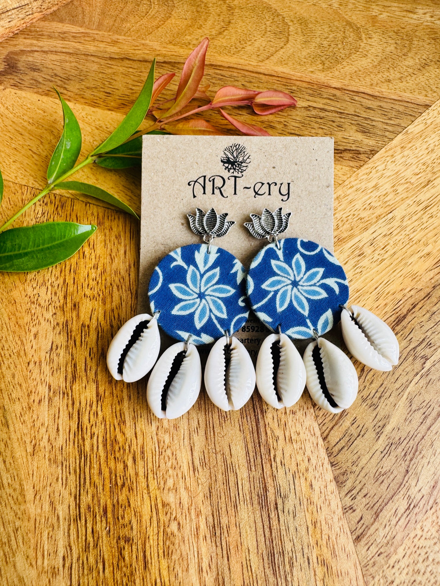 Lightweight Handmade Statement Jewellery - Blue printed with shell