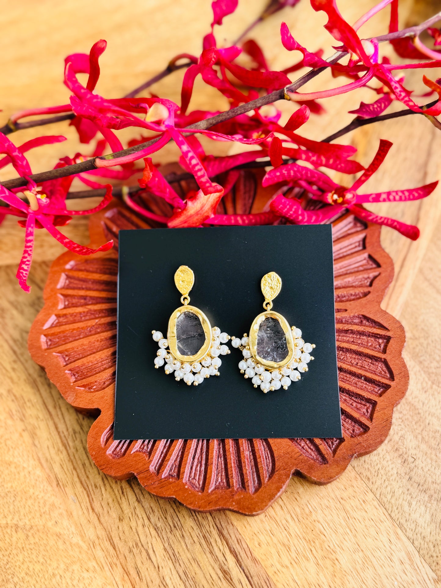 Abstract statement brass necklaces - Pearl Cluster dangler