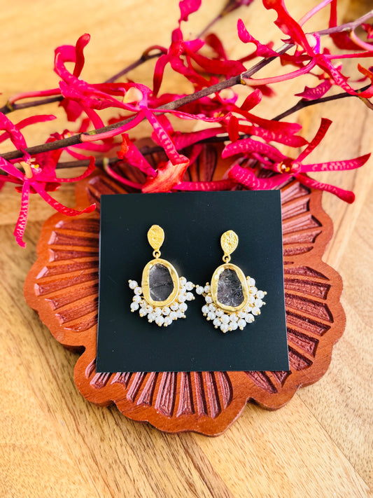 Abstract statement brass necklaces - Pearl Cluster dangler