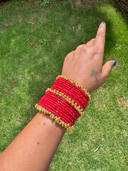 Broad beaded arm cuff - Red