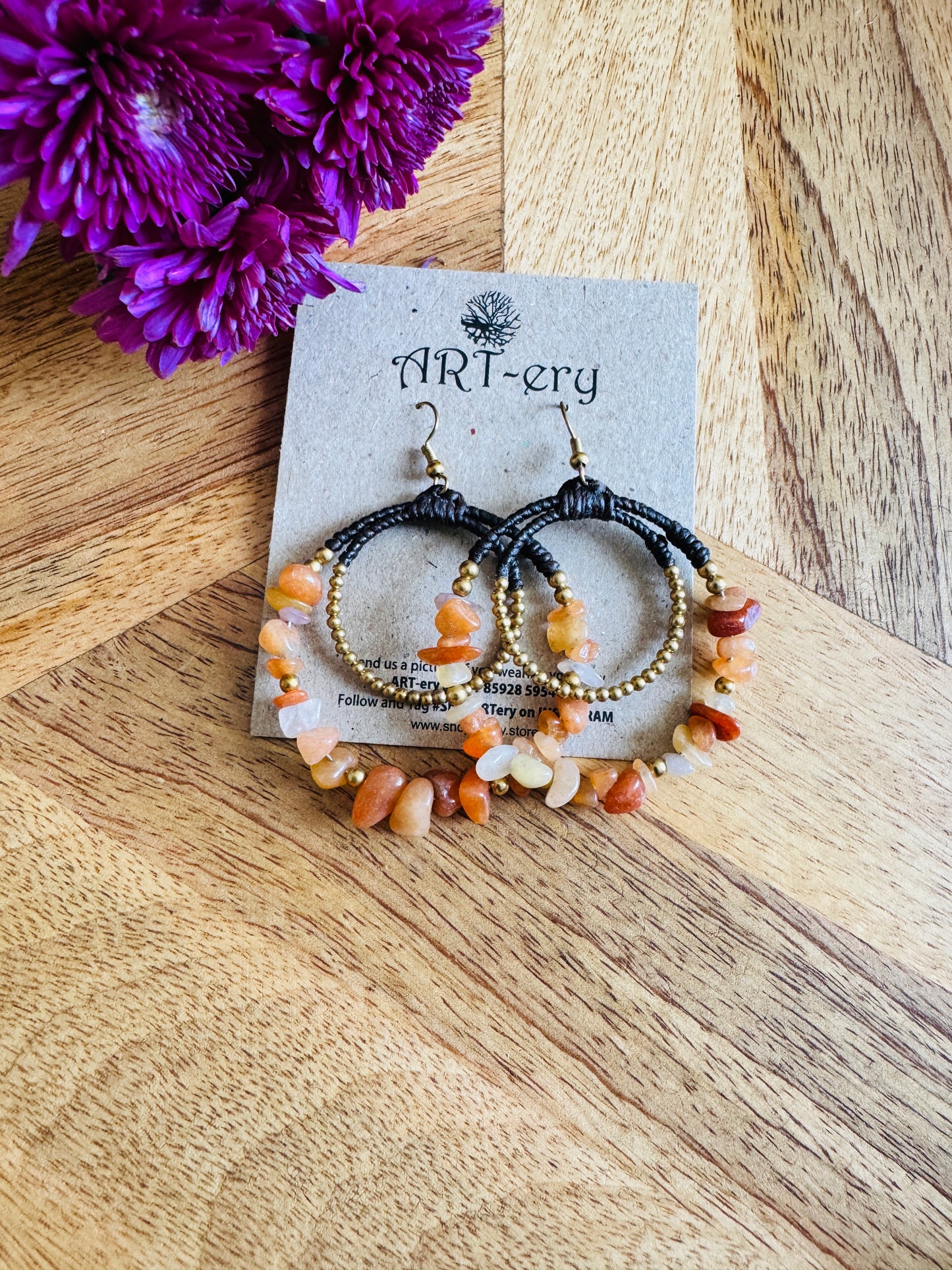 Black Beaded Statement Hoop Earrings - Brown
