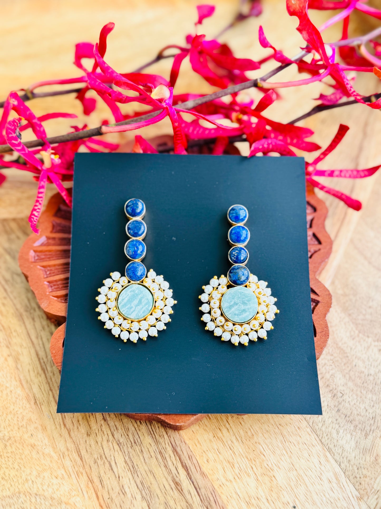 Brass Earrings - Natural stone with pearl cluster