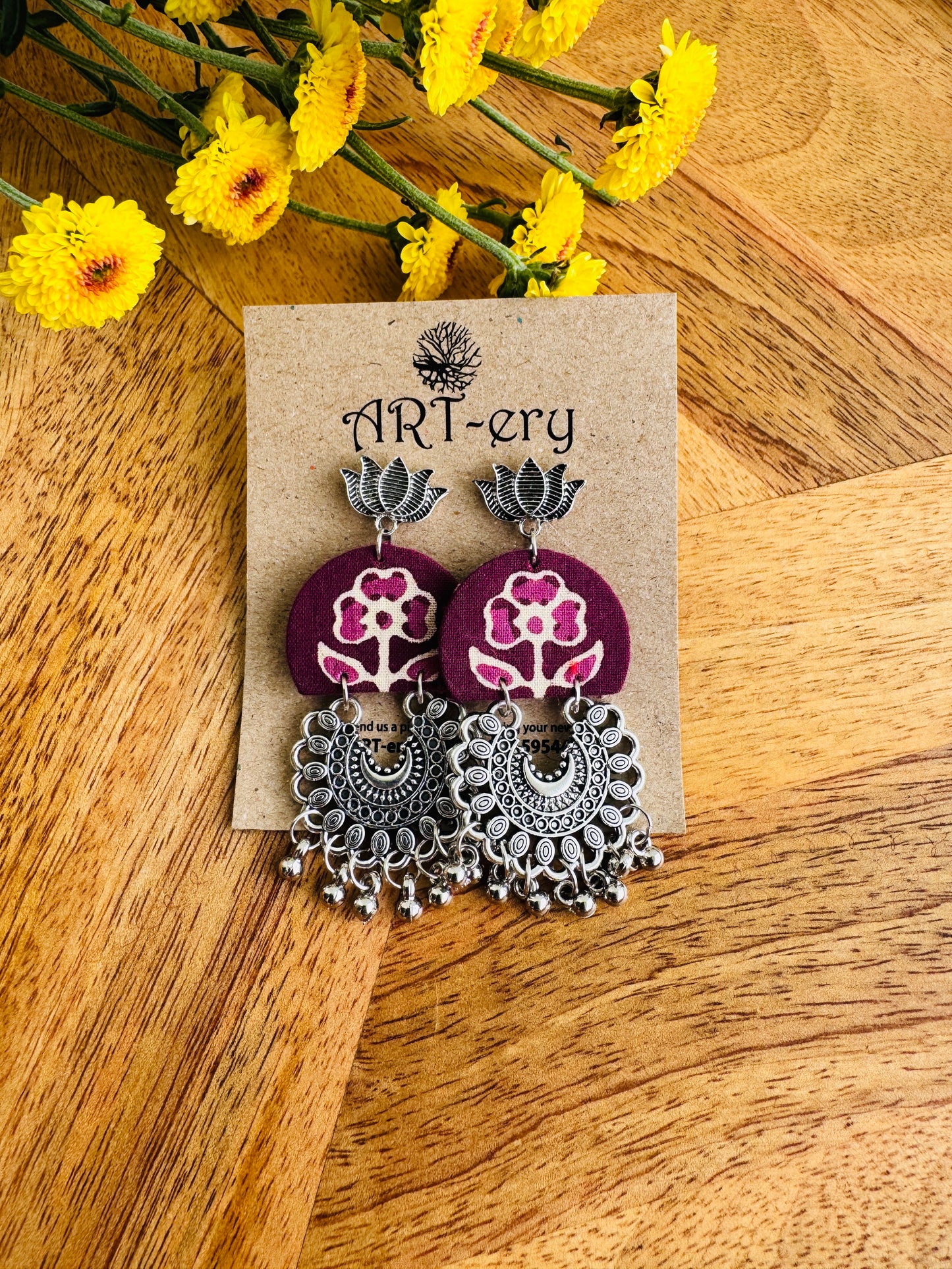 Handcrafted Fabric Statement Earrings | Boho Ethnic Earrings for Women - Maroon dangler