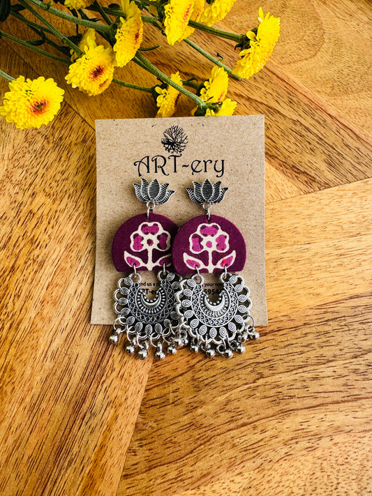 Handcrafted Fabric Statement Earrings | Boho Ethnic Earrings for Women - Maroon dangler