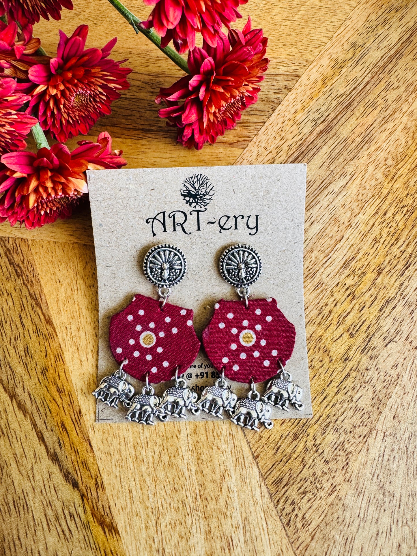 Fabric earrings -  Maroon elephant