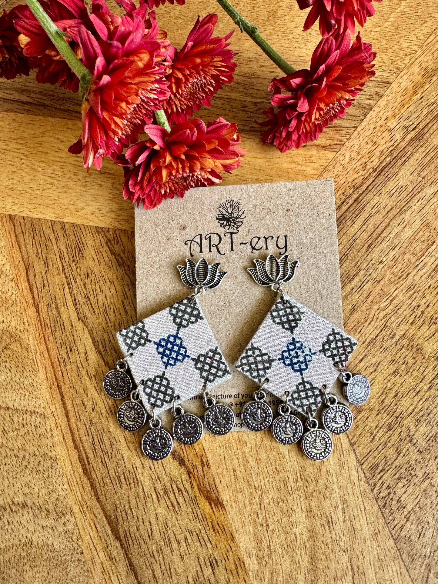 Fabric earrings - White blue square