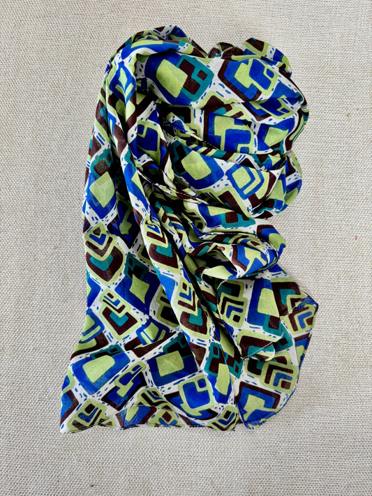 Lightweight Printed Poly-Cotton Scarf for Women  - Blue Green Geometric