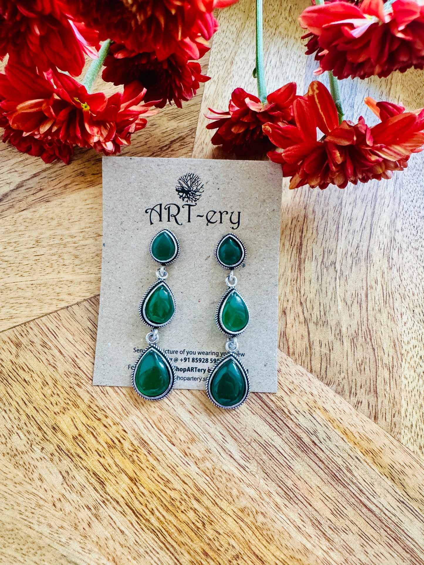 Triple tear drop earring - Green