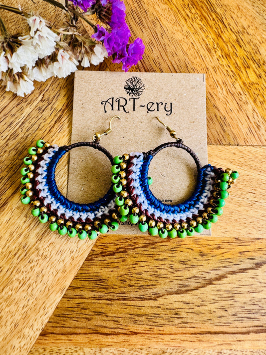 Green crochet beaded earring with blue detailing