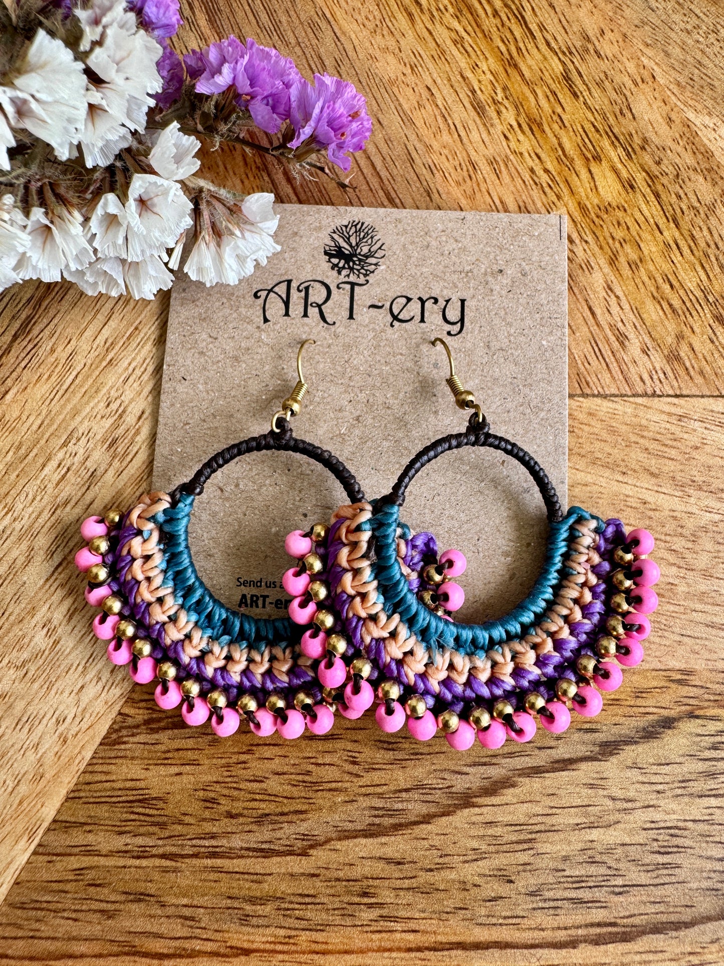 Pink crochet beaded earring with blue detailing