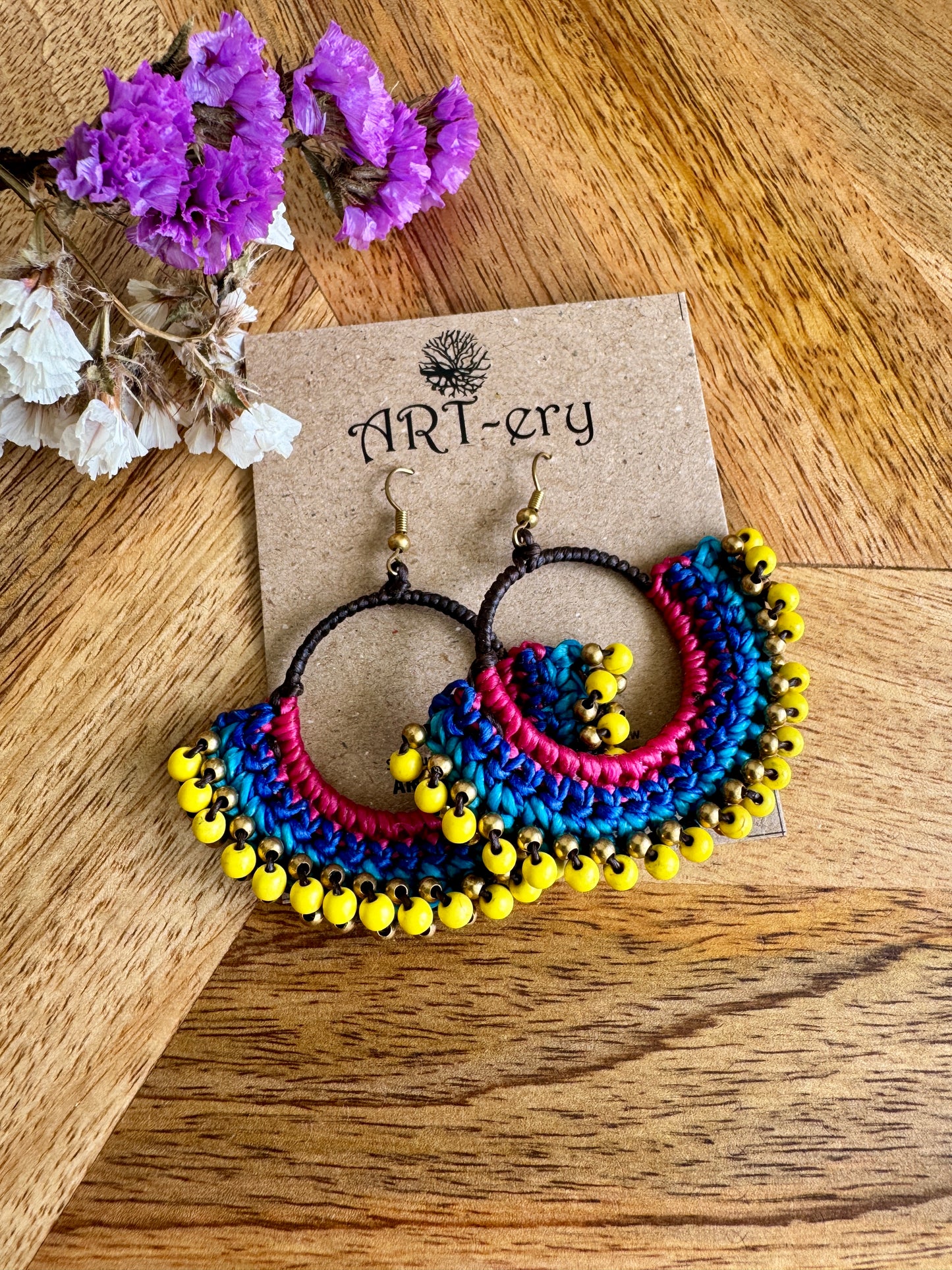 Yellow Crochet beaded earring with blue detailing