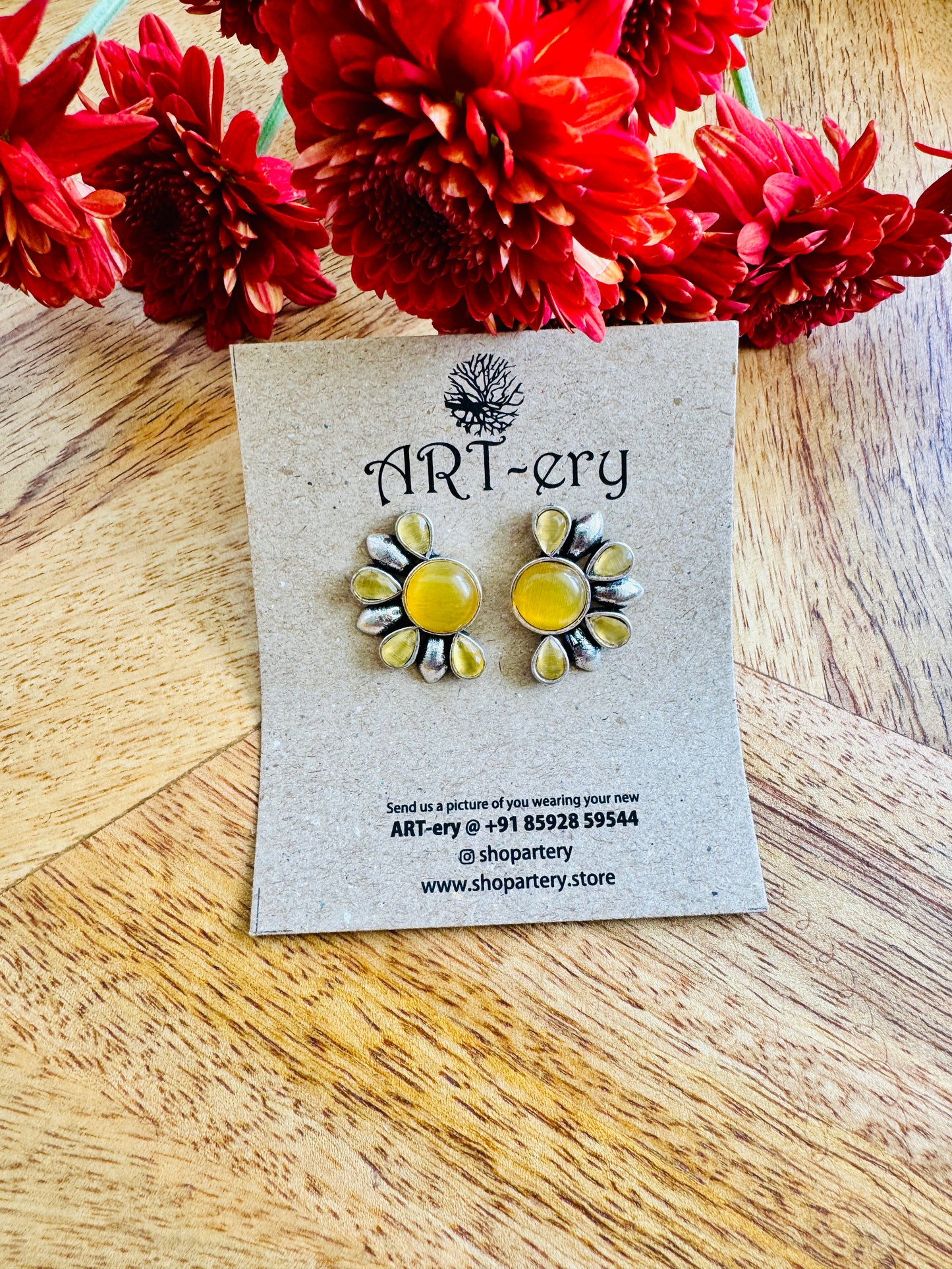 Semi circle light green stone earring - yellow