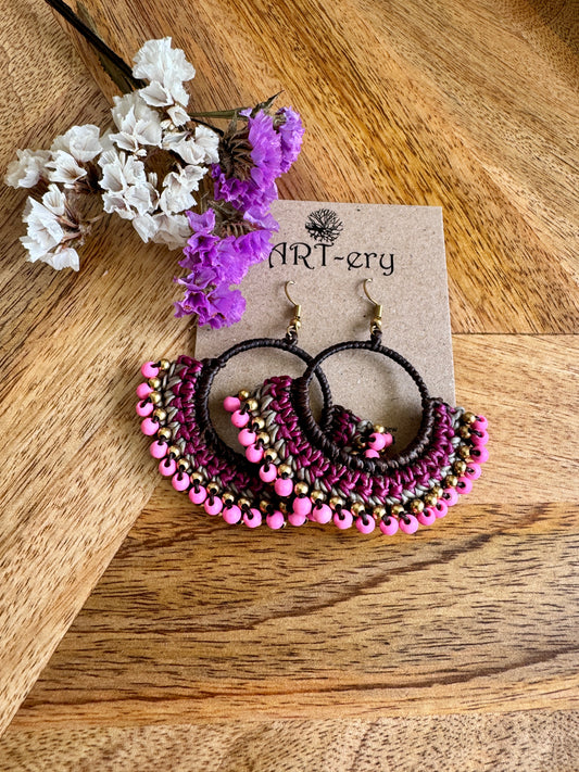 Pink beaded crochet earring with brown detailing