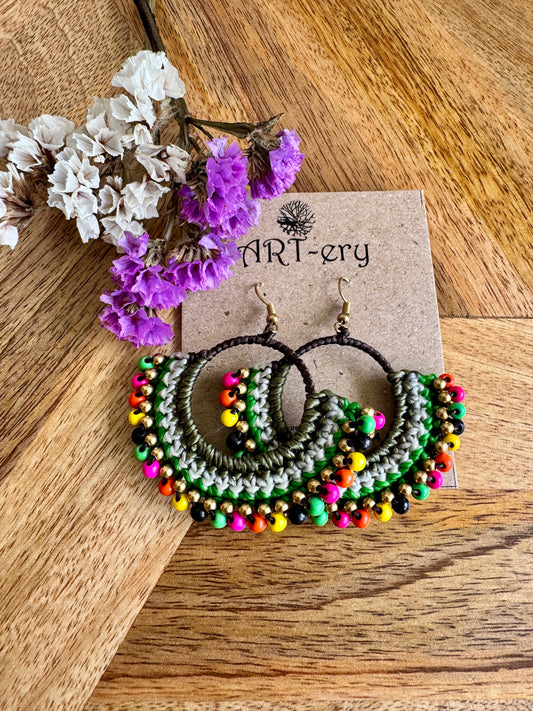 Multicolor beaded crochet earring with brown detailing