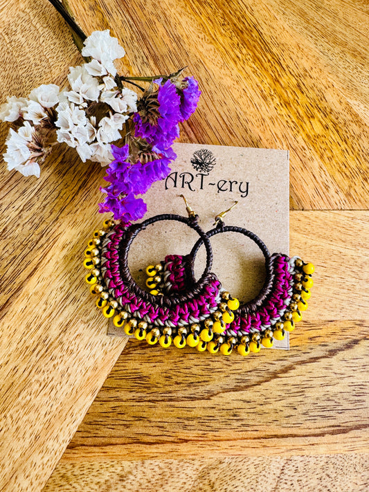 Yellow beaded crochet earring with pink detailing