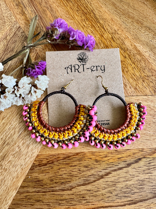 Light pink beaded crochet earring with yellow detailing