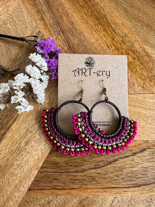 Pink blue beaded crochet earring