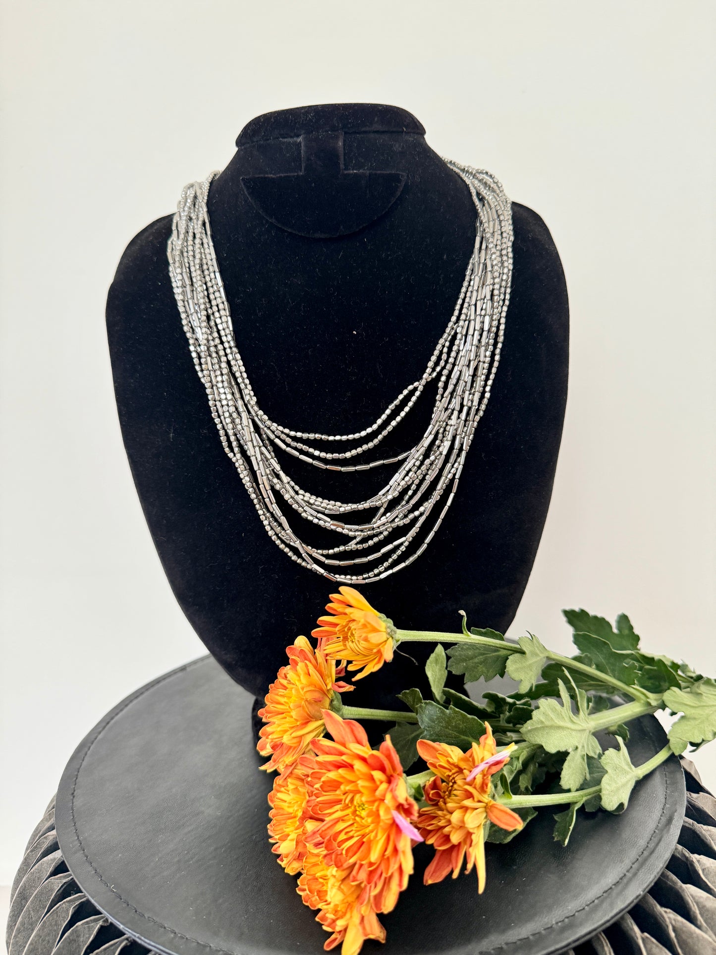 Multi layer silver necklace