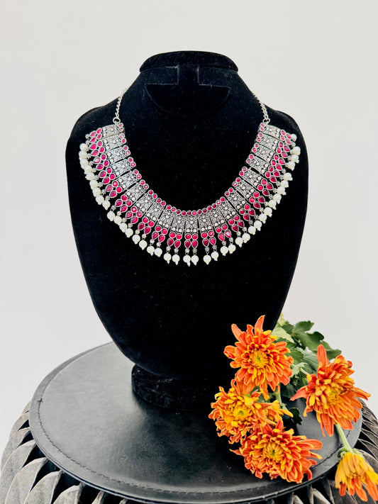 Oxidised silver big necklaces with pearl hangings  - Ruby