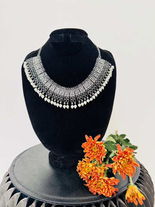 Oxidised silver big necklaces with pearl hangings  - Black
