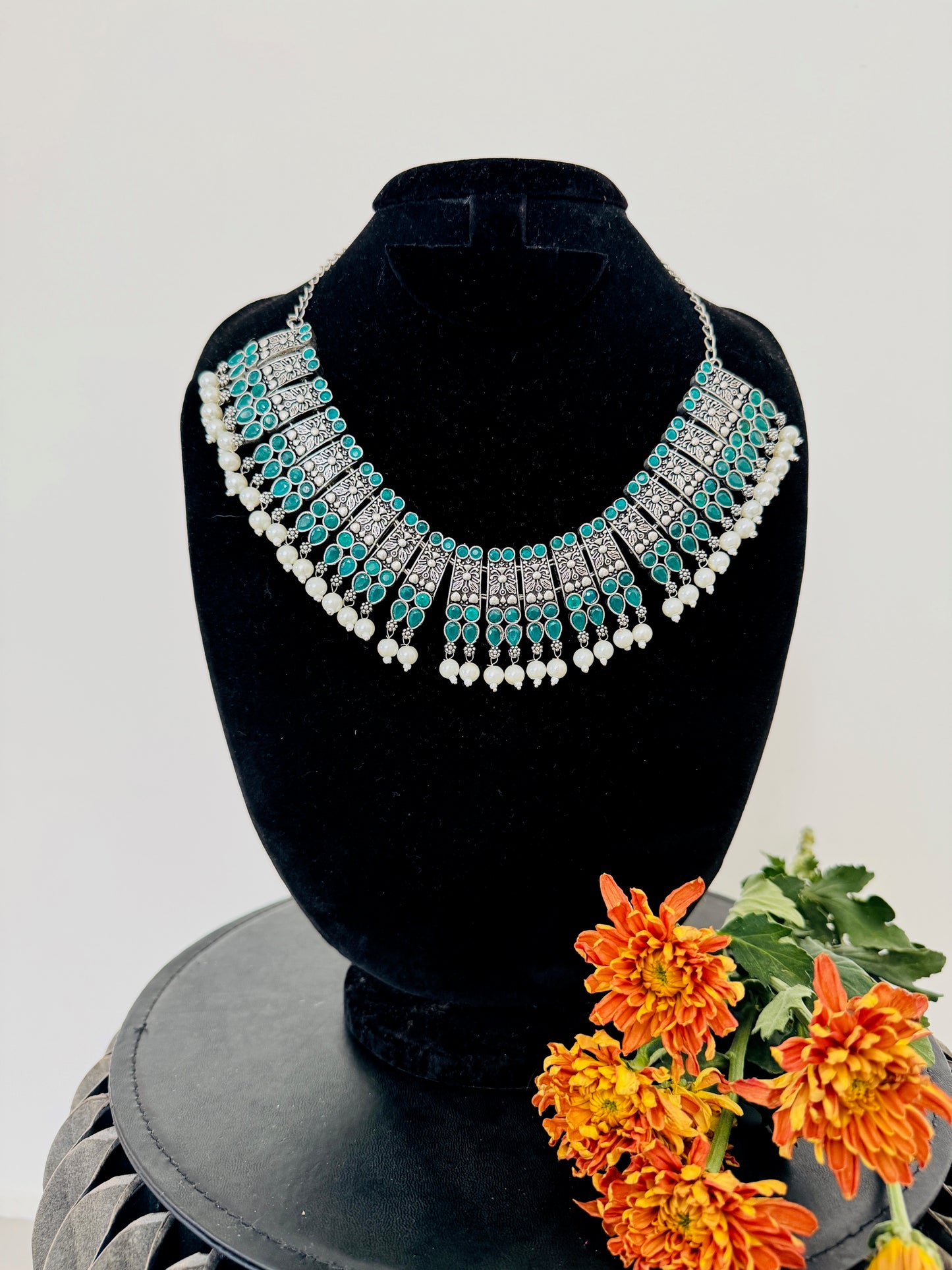 Oxidised silver big necklaces with pearl hangings  - Green