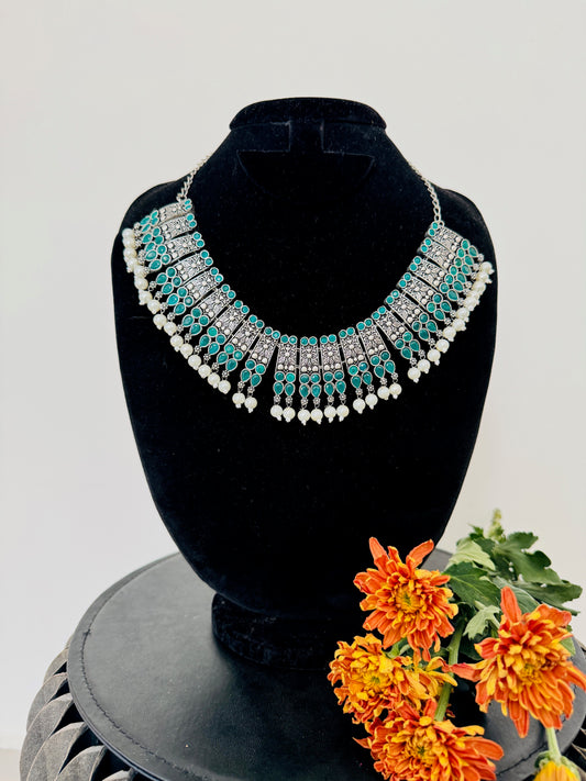 Oxidised silver big necklaces with pearl hangings  - Green