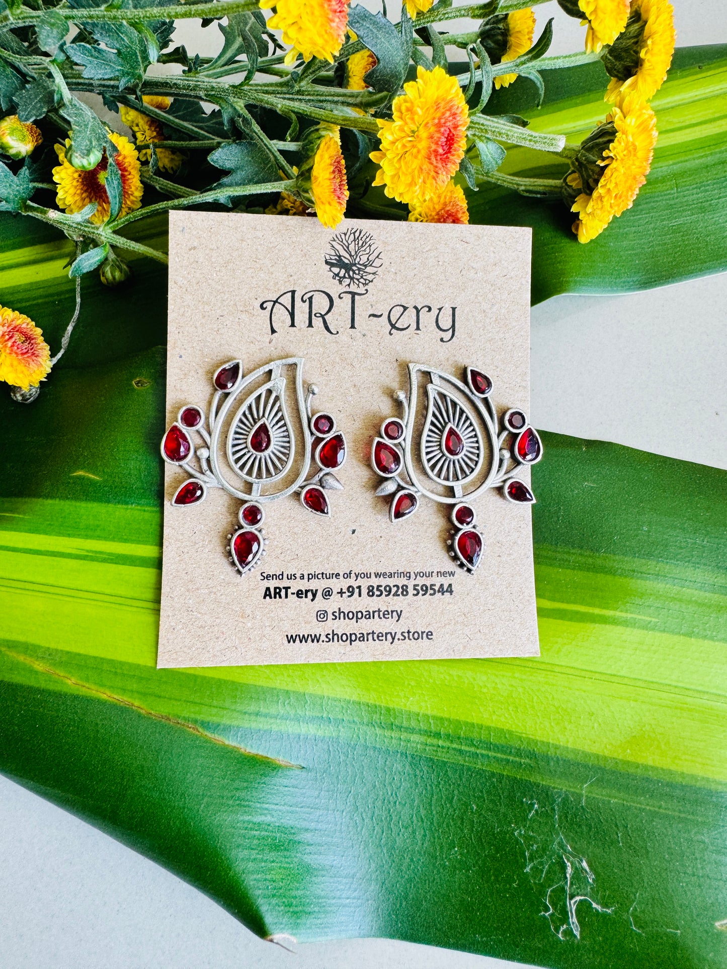 Red Inspired Oxidised Silver Statement Earrings