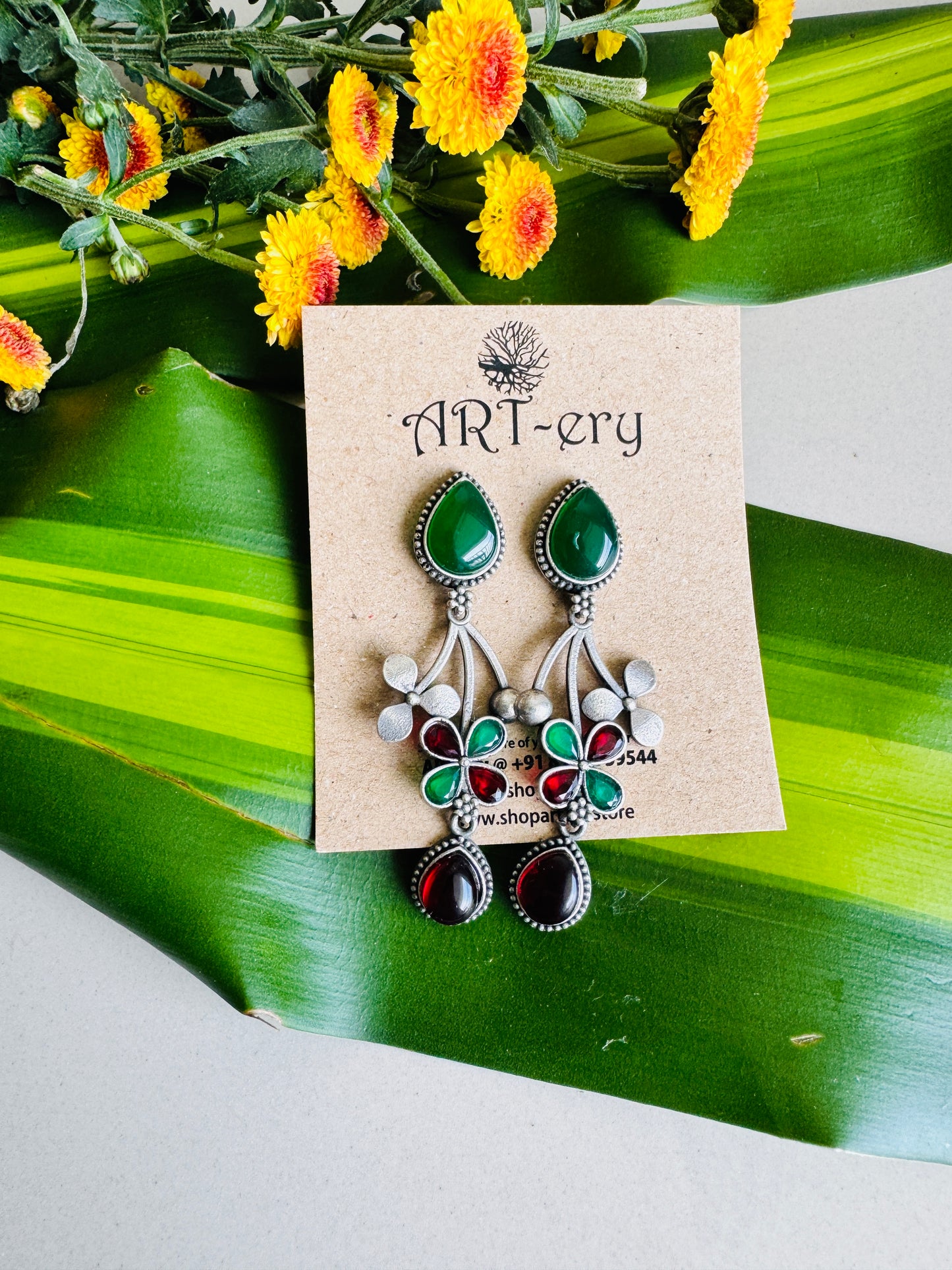 Dangler earring with stone - Red and green