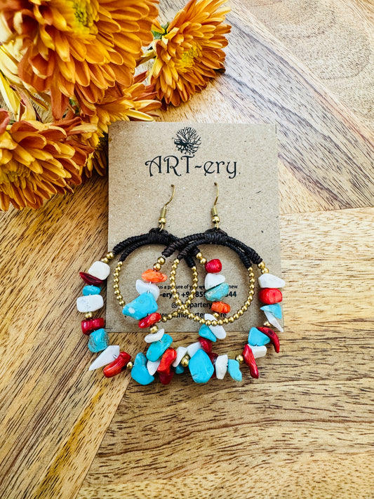 Crystal hoop beaded crochet earrings - Turquoise and Red