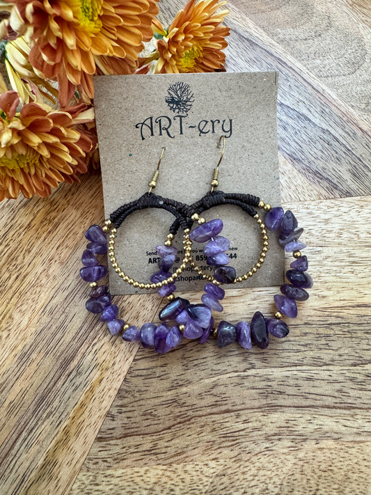 Crystal hoop beaded crochet earrings - Purple