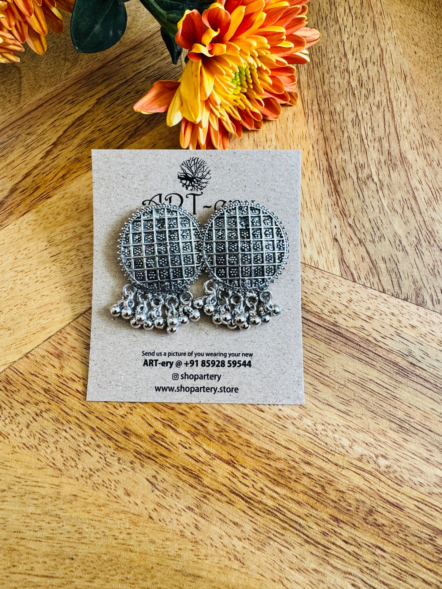 Oxidised silver earring with oxidised silver beads