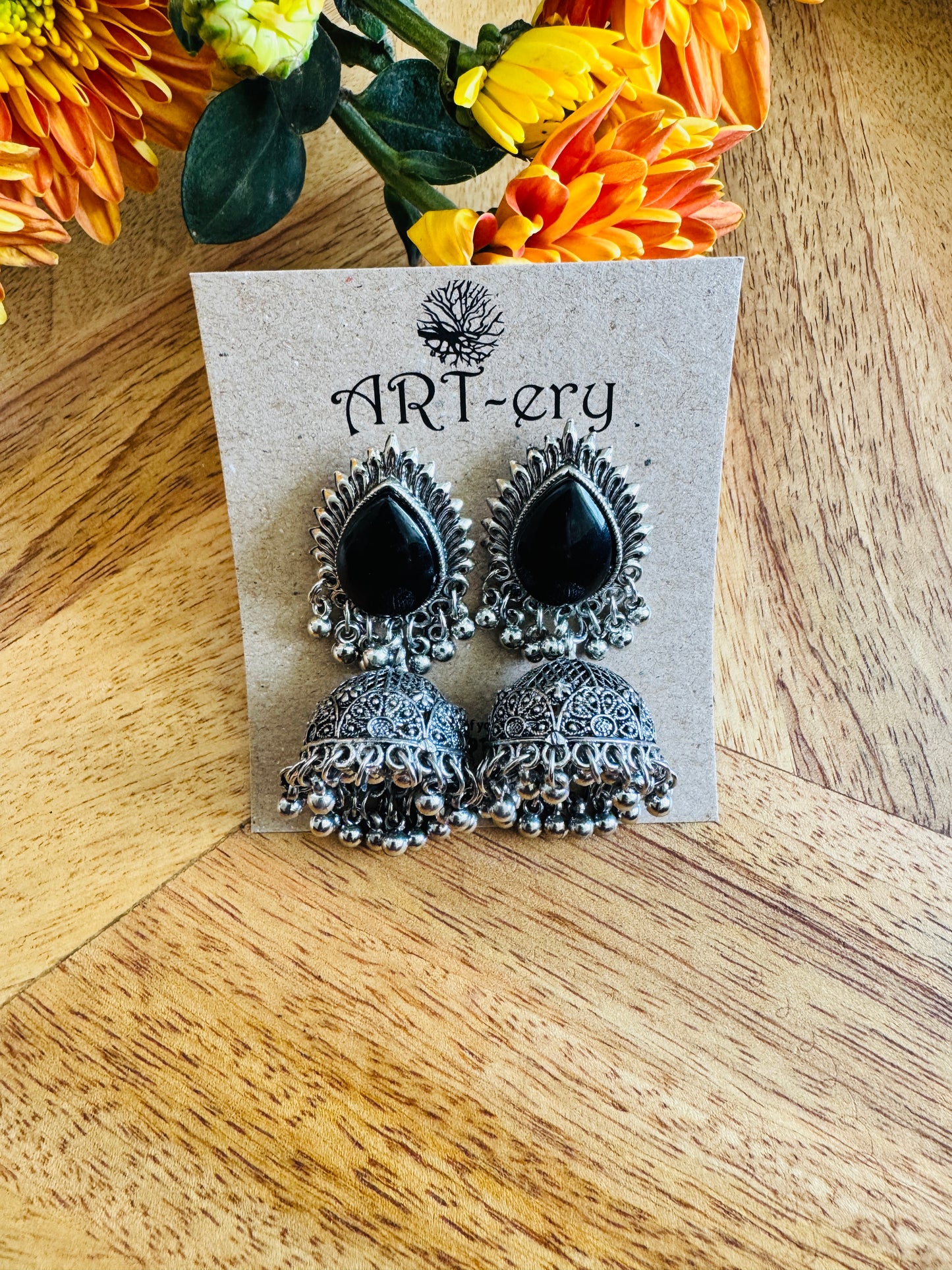 Oxidised silver earrings - Black jhumka