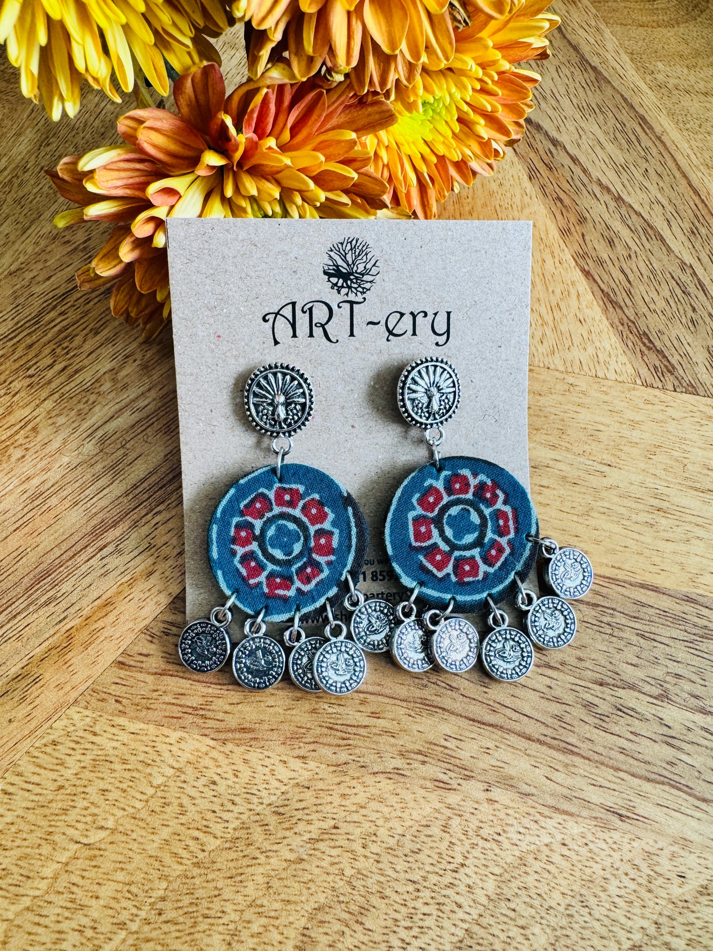 Green and rust silver fabric earrings with coins