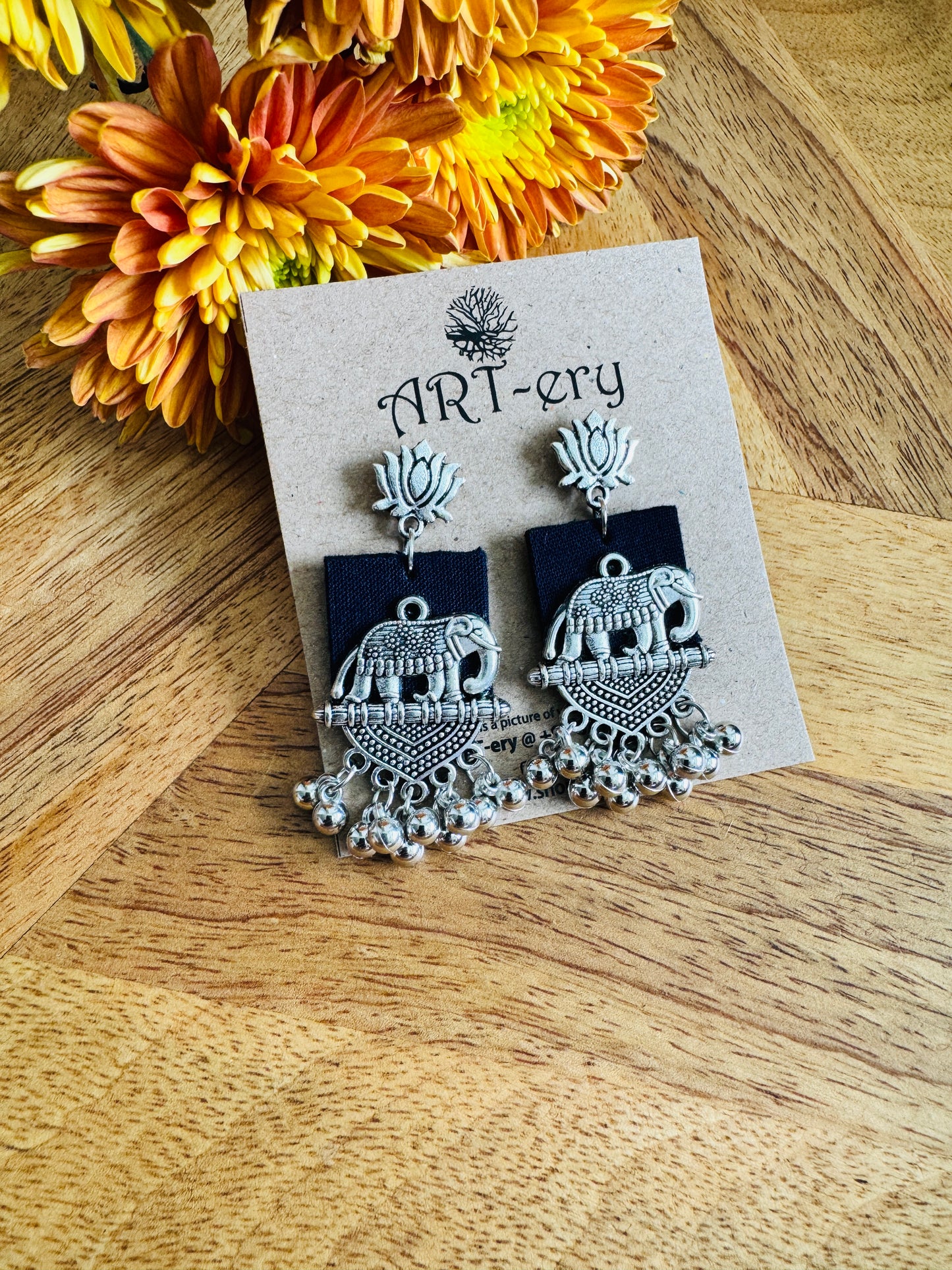 Black oxidised elephant silver fabric earrings
